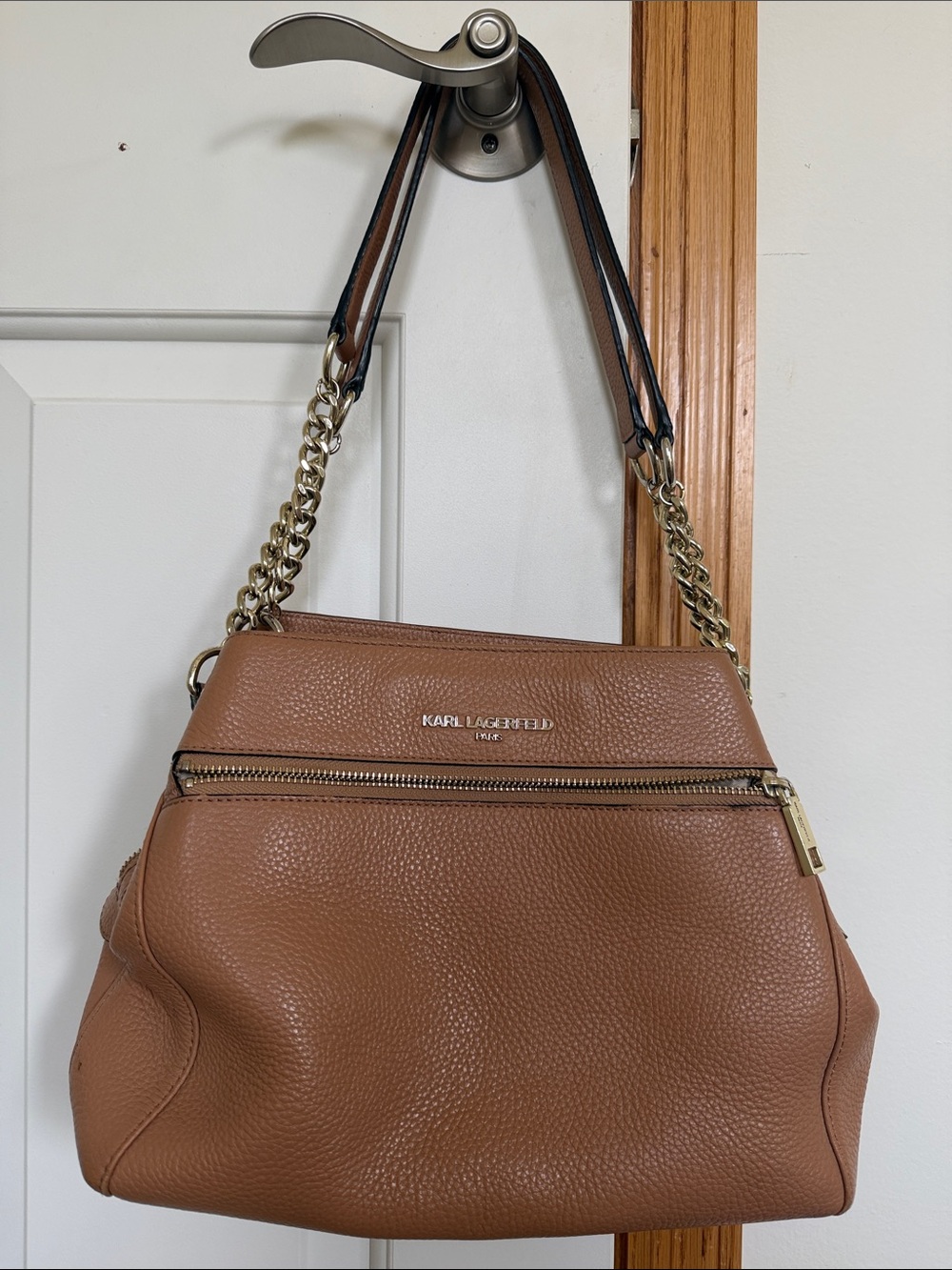 Karl Lagerfeld Brown Pebbled Leather Shoulder Bag with Gold Chain Straps